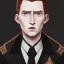 Placeholder: general hux 3/4 view, wearing a black First Order uniform, serious, imposing figure, thick eyebrows, digital art, wearing a black First Order uniform, green eyes, gray background, sepia filter