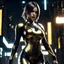 Placeholder: female assassin in a tight gold bodysuit, in 8k nier automata drawing style, venom theme, cinematic mood, stealthy, mysterious, haunting, dystopian, hidden in shadows, enigmatic, desolate, cyberpunk, eerie