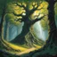 Placeholder: (illustration by Jeff Easley) The trees that were once living and breathing are now nothing more than brittle, jagged structures, their skeletal forms thrusting up like the remnants of some ancient, long-buried city. Their bark is gone, reduced to mineralized plates layered over one another like scales. Above, where leaves once shook in the wind, chandeliers of calcified resin hang like inverted stalactites, dripping slow trails of glowing mineral onto the ground. A sound—distant, unnatural—echo