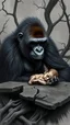 Placeholder: A gorilla in the background of black vein, human veins, mixing together a lot of them, like a forest, big and small veins a lot of them, an army a baby sleeping on an old broken wooden table
