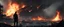 Placeholder: a dark night. father and small child stand hand in hand, watching. the look at the broken, burning remains of an enormous arrow-shaped space battleship. it crashlanded in a city. fires, craters and explosions everywhere.