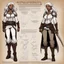 Placeholder: character concept sheet with AD&D statistics and characteristics, [illustration by Kevin Eastman and Peter Laird] a ranger: her leather bracelets and corset, like a second skin of dark magic Her pale skin and white hair shimmered like moonlight. Clad in a white tunic, brown pants, and a leather belt with mysterious pouches, she stands, her silver dagger in hand.
