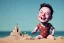 Placeholder: Elon musk as a Happy baby building a rocket-shaped sandcastle on the beach. He is wearing a polkadot swimsuit