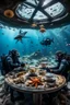 Placeholder: 2 divers in full gear sitting at a round table having tea, the table is on the bottom of the in the dried out sea, around them are shattered dead fish, dead starfish, ship reck, 8 k realistic