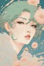 Placeholder: wind blowing from below, portrait of beautiful crying woman with short green hair, droplets, tears flowing up, loose lines, flowers, smoke, pastel orange and pastel blue, sense of liberation, concept art, art by james jean, takato yamamoto, 4k, concept art, illustrative