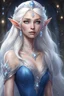 Placeholder: female elf with white hair and blue eyes, wearing a long blue dress with lots of diamonds and a gemful tiara on head, no smile