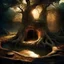 Placeholder: An ancient tree stands in a dry forest. The trunk of the tree is hollow. Inside the tree-hollow is a small pool of water. The water glows with a soft warm light, illuminating the inside of the tree.