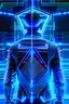 Placeholder: cyberpunk, neon blue, triangle of light behind the back, cyber suit, geometric patterns on a suit, male