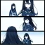 Placeholder: Clear focus,8k,Beatiful Lighting,Beatiful Blur,Beatiful Face,Beatiful Shading,Black long hair,silky hair, long silky bangs, dark blue eyes, wearing a sailor uniform outfit, Hair in eyes, lot of hair, Line art, Sad, Looking into the dark ocean