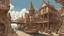 Placeholder: gothic medieval wooden harbour with piers and ships, people, shops, bridges, arches, balconies, taverns, blue sky