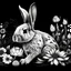 Placeholder: a beautiful rabbit between clear seeds and big flowers black background .black and white colors. for coloring . with grayscale