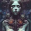Placeholder: singer Danish MØ face, style comicbook,style <Yoji Shinkawa>,Bones, darkred tones, leaning pose, watercolor illustration by <agnes cecile> butterflies everywhere, skulls, centipede, insects, nest, octopus, fly, squid, multiple eyes everywhere,Dryad, plants, wildflower, intricate detail , rusty metal, Dryad, sidhe, ominous, portrait,high lighting,Witch pink short hair. rabbit mask, latex suit. Red, black, gold, color. Punk style. Gradient background,