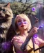 Placeholder: Ultra realistic photo, happy couple, blonde Alice woman and purple cat smoking a pipe, circus blue dress style, black headband with bow, old school body tattoo, smoke, marihuana garden, glow eyes, perfect iris, soft color, highly detailed, unreal engine 5, ray tracing, RTX, lumen lighting, ultra detail, volumetric lighting, high definition.