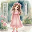 Placeholder: watercolor, full body, cute smile girl, curly hair, big eyes, long brown hair, pink dress, pink shoes