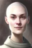 Placeholder: full color portrait drawing, portrait, 22-year old friendly female human cleric, shaved head, light eyebrows, grey eyes