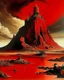 Placeholder: A dark red volcanic fortress painted by Salvador Dali