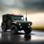 Placeholder: stylized photorealistic shot, military truck, monotone color palette, sharp focus, puddle reflec1tion, tire mud splashes, refraction, mist on the horizon, thunder and lightning, overcast shadow, detailed and intricate, cinematic composition, 8k, micro, tilt shift photography, bokeh, anamorphic lens