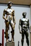 Placeholder: in a modern art display, two famous statues are next to each other, one is David and the other is the Discobulus statue. The discobulus hand covers the private part of David, they both look disgusted at each other