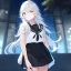 Placeholder: Clear focus, High resolution, Medium length fluffy hair, blue eyes, white pupils, wearing a black sleeveless shirt, showing little bit of her back, wearing a black sailor skirt, 1girl, female