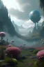 Placeholder: Un valle entre altas montañas flotantes, con flores gigantes, pequeños seres extraños entre la vegetación, el clima es húmedo, film de ciencia ficción
