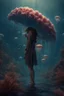Placeholder: tall slim woman in ragged clothing, in an underwater scenen, holding an umbrella made from a jellyfish, raining, detailed matte painting, deep colour, fantastical, intricate detail, complementary colours, fantasy concept art, 8k resolution, Unreal Engine 5