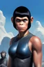 Placeholder: full body - Horror of the Planet of the Apes - black hair, Deep Blue Eyes - head and shoulders portrait - Lenna, part chimpanzee, part human, short, bowl-cut, straight black hair, the bangs cut straight across the forehead, she resembles a Zira from the Planet of the Apes, and she resembles Spock - Mountains, blue skies, clouds, red roses, blue roses, yellow roses, honeysuckle roses, carnations, lilacs, professional quality, 32k, UHD, glossy, 1080p, Extremely high resolution Digital photograph