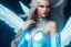 Placeholder: A beautiful portrait of a cute smiling cyber woman with wings, long blond platinum hair, luminous blue eyes, high key lighting, volumetric light high details with blue and white stripes white luminous celtic paterns, beam starry background