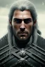 Placeholder: Henry cavil face, Crystal yellow eyes, long white hair, wearing The witcher 3, realistic, 4k, intricate, best quality, fog particles, fire particles, octane render, vray, sword fire