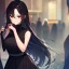 Placeholder: Clear focus,High resolution, black long hair, Vibrant red eyes, Emo style, Black skirt, wearing a black shirt sleeveless, Wearing black and red cutsleeves, Hand near chin