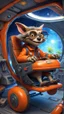 Placeholder: big ass space hairy hi tech alien gremlin orange laughing leather racoon cowboy with glasses in tiny cart chair jumping round in space in a weird living space camper ship driving down weird twisted tube track in space station jungle, spell jammer, Pixar-inspired, expertly crafted in a whimsical and vibrant cartoon style. is masterfully rendered in a lifelike 3D design, which captivates viewers with there irresistible charm. The background is filled with warm, inviting colored stars and a 3D rend