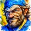 Placeholder: dnd, fantasy, watercolour, large strokes, stylistic, portrait, illustration, dull colours, male, face, sturdy wide face, weathered face, sly, violent, evil, smiling