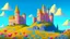 Placeholder: Castle on a hill, Pink walls, orange towers, yellow flowers on the ground, dark blue roof and aqua blue sky, very detailed and realistic