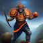 Placeholder: a fierce warrior in full navy blue and orange battle armor, with an S-shaped shield, holding a basketball, background of Inka jungle, a highly detailed illustration, realistic render, 8 k, micro detail, intricate, elegant, centered, digital painting, Artstation, smooth, sharp focus, illustration, artgerm, tomasz alen kopera, peter mohrbacher, donato giancola, joseph christian leyendecker, wlop, boris vallejo