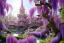 Placeholder: a magical crystal flower lys bougainvillier, arbor of pink wisteria, blue gold house crystal castle in wood of a lot of pink wisteria,blue lake,sun,white swanns,pink vertical, blue lake,sharp, vines, candlelit, endor, ornate, elegant, highly detailed, artstation, concept art, smooth, sharp focus, illustration, 8k, splash art, wallpaper, key visual