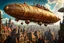 Placeholder: "Imperial Zeppelin" - a steampunk flying zeppelin with many intricate gold filigree, flying over a surrealistic cyberpunk medieval gothic village - ultra high quality, sharp focus, focused, high focus, very sharp, high definition, extremely detailed, hyperrealistic, intricate, fantastic view, very attractive, fantasy, imperial colors, colorful