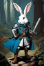 Placeholder: Dungeons and dragons male white Rabbit standing up with blue eyes in armor wearing a cloak wearing boots holding a sword