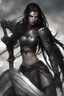 Placeholder: SA female elf with skin the color of storm clouds, deep grey, stands ready for battle. Her long black hair flows behind her like a shadow, while her eyes gleam with a fierce silver light. Despite the grim set of her mouth, there's a undeniable beauty in her fierce countenance. She's been in a fight, evidenced by the ragged state of her leather armor and the red cape that's seen better days, edges frayed and torn. In her hands, she grips two daggers, add dark shadow mystic purple flames