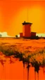 Placeholder: An orange colored marshland near an iron fortress painted by Andy Warhol