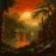 Placeholder: A dark orange colored rainforest with a coliseum painted by Francis Danby