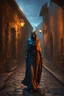 Placeholder: The ancient undead female Shadow of Death walking the streets of a medieval city. Horror setting. fantasy art, blue and orange, gold, silver, copper, marble Cinematic lighting, Volumetric lighting, Epic composition, Photorealism, Very high detail, Character design, Unreal Engine, Octane render, HDR, Subsurface scattering