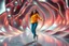Placeholder: beautiful lady with todays modern clothing and sport shoes, in surreal stage made of 3d fractal random size recursive objects with helical strip colors in clothing similar to environment full body dancing to camera,animating background metallic random color and size recursive objects