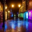 Placeholder: Diagon alley street at night, many houses, wet ground, pole with round light