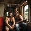 Placeholder: photography of two burly ugly chubby muscular sweat wet turkish farmers 46 years old man sitting embraced in the train, manly chest, hairy allover, relaxing, shirtless, big bulge, tattoo, broken teeth, tired, short beard, short curly hairs , view from below, photorealistic, side lights, Ground-Shot Angle