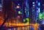 Placeholder: Night, cyberpunk buildings near the autumn trees zone, tendency to science fiction, realistic vision, impressionism painting