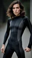 Placeholder: photography of a beautiful anorexic woman, anthracite satin triathlon top, sports illustrated, brunette short wavy bob haircut, pronounced sternum, flat chest, anthracite short leggins