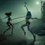 Placeholder: Two women skipping with a rope, demons and angry gods fight in the background, in the style of a Michael Moorcock book cover.