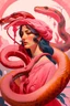 Placeholder: Abstrack surrealist styl a woman and and a super realistic pink snake surrounding it, art nouveau, style