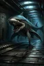 Placeholder: urban humanoid bipedal muscular brutish half-shark thresher shark in a sewer digital art