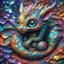 Placeholder: Cute baby dragon with big eyes lying curled up, sparkling colorful 3D fractal skin folds that look like glass, sparkling colorful 3D mosaic background