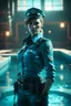 Placeholder: police woman in cyan pool in fallout 4 setting, bokeh, downlight, prize winning, depth of field, in the style of ivo caprino, backlight, aura